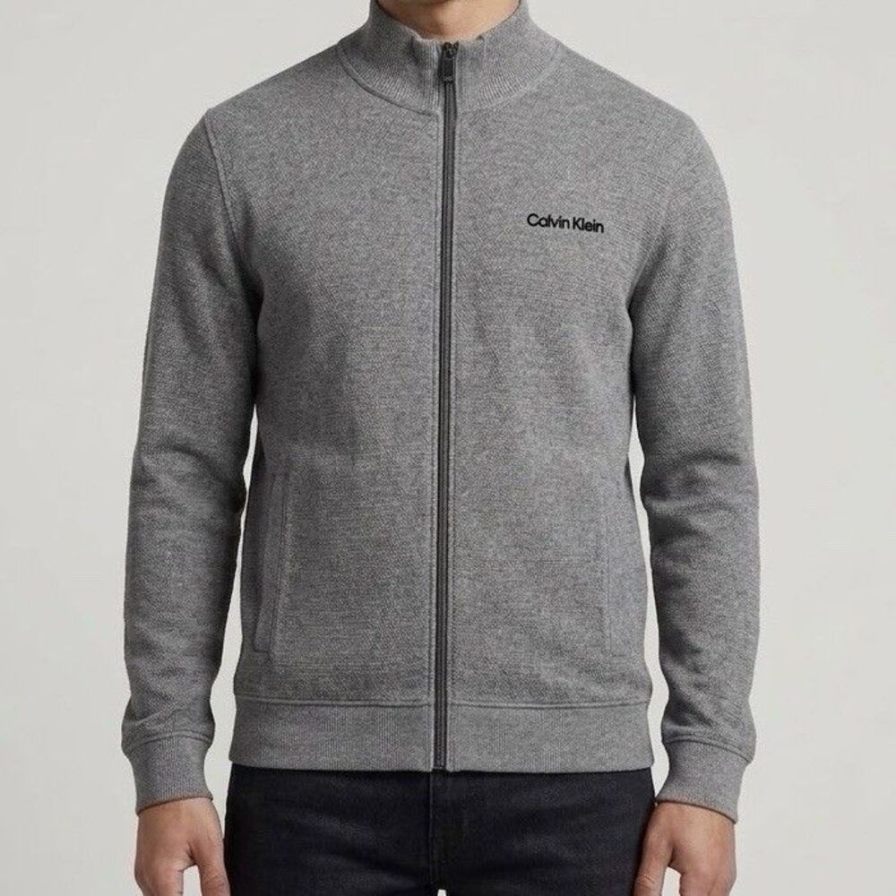 Calvin Klein Mens Sweater Jacket XL Full Zip Grey Mock Neck Grandpa Core Dad